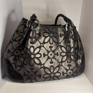 Brighton Valencia Purse Shoulder Hobo Bag Pewter Black Leather